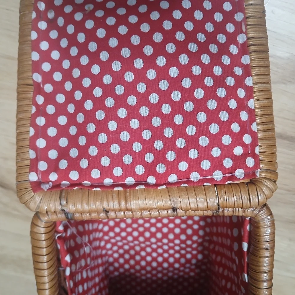 Woven Basket Wicker Leather-Look Velcro Strap Closure Red & White Polka Dot